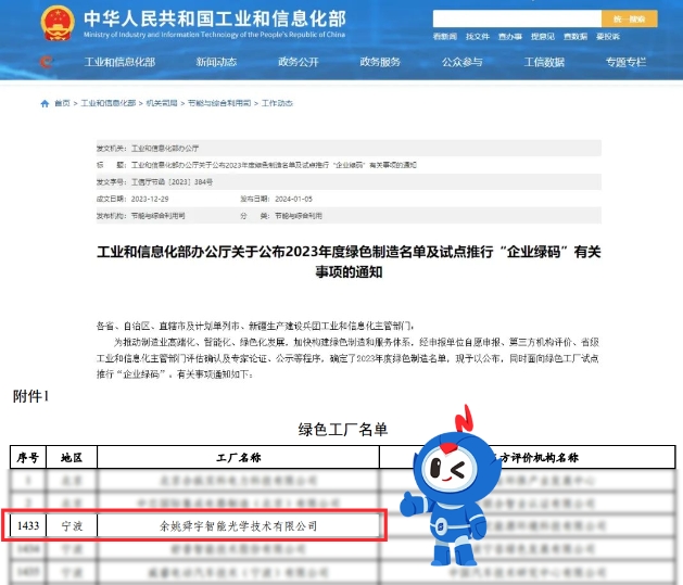 喜報(bào) | 舜宇智能光學(xué)榮膺國(guó)家級(jí)“綠色工廠”！